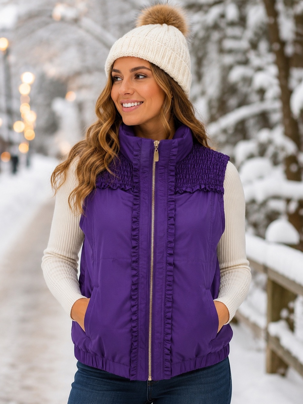 Draper’s & Damons Vest Purple Ruffle Puffer Vest Front Zipper Size 1X